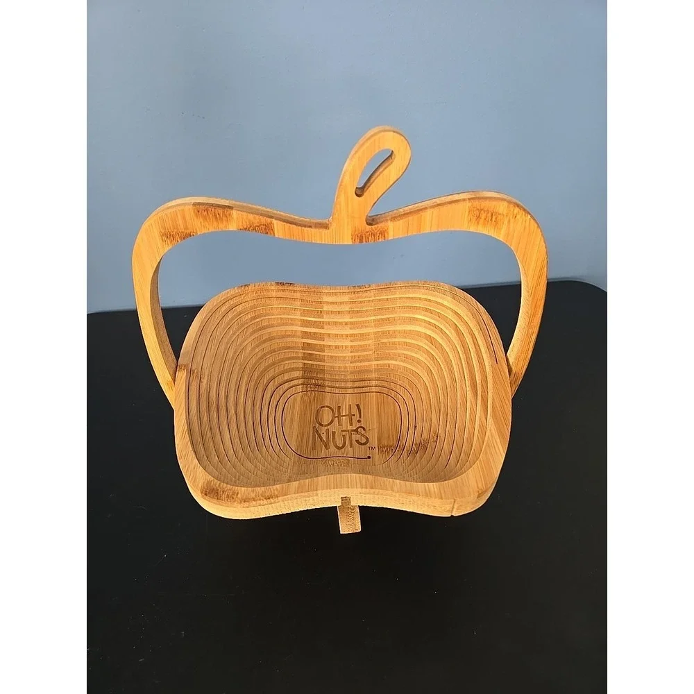 OH NUTS! Apple shaped Wooden coiling collapsing fruit nut basket Trivet‎ Novelty